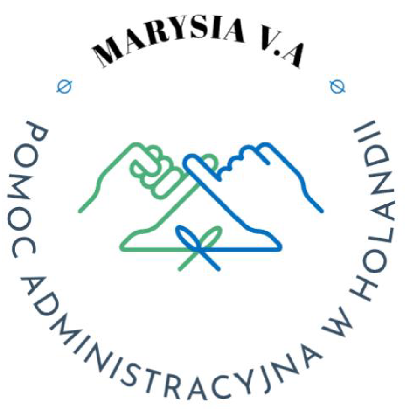 Logo Marysia VA przedstawia dwie dłonie stykające się małymi palcami, związane wstążką, oraz umieszczony poniżej napis: 'Pomoc Administracyjna w Holandii'